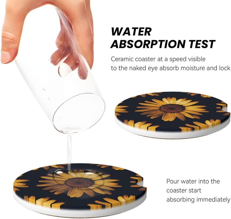 GACCAP Car Coasters for Cup Holders, 2 Pack Absorbent Ceramics Anti Slip Universal 2.56 Inch Car Cup Coaster for Women Men, Car Interior Accessories - Sunflowers Flowers Floral - Image 4